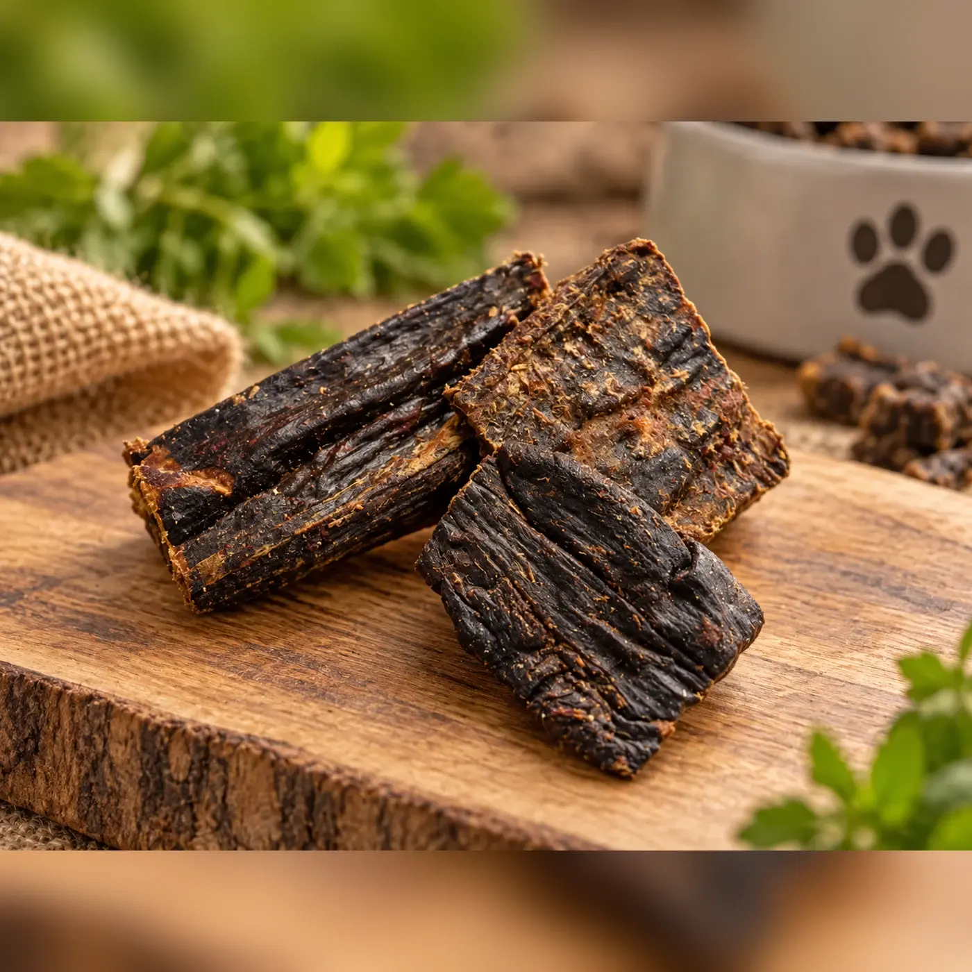 Beef Liver Chunks, natural dried dog treats on a wooden board